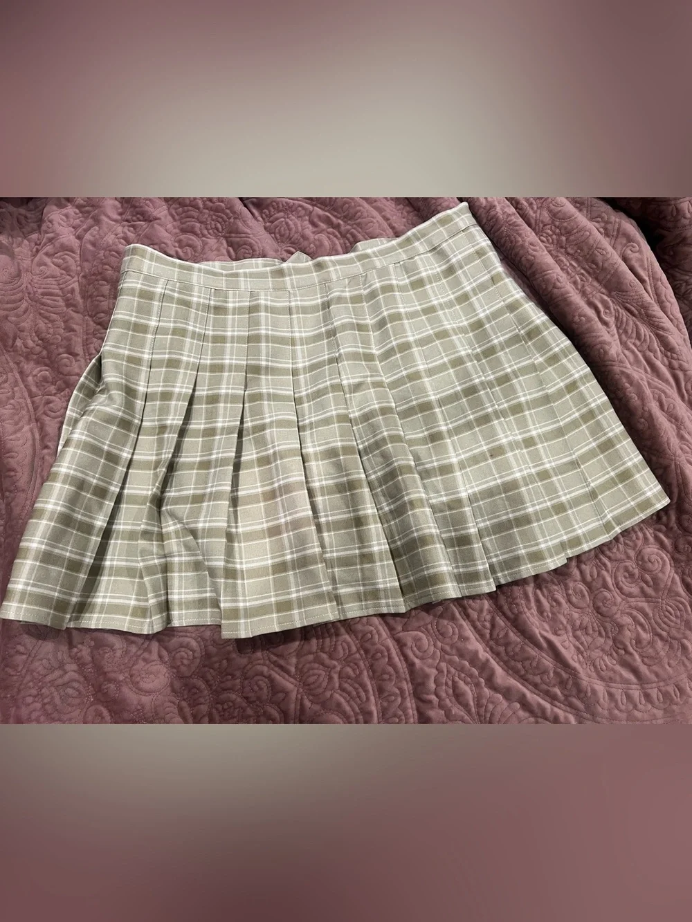 Pleated Mini Skirt in Light Olive Plaid